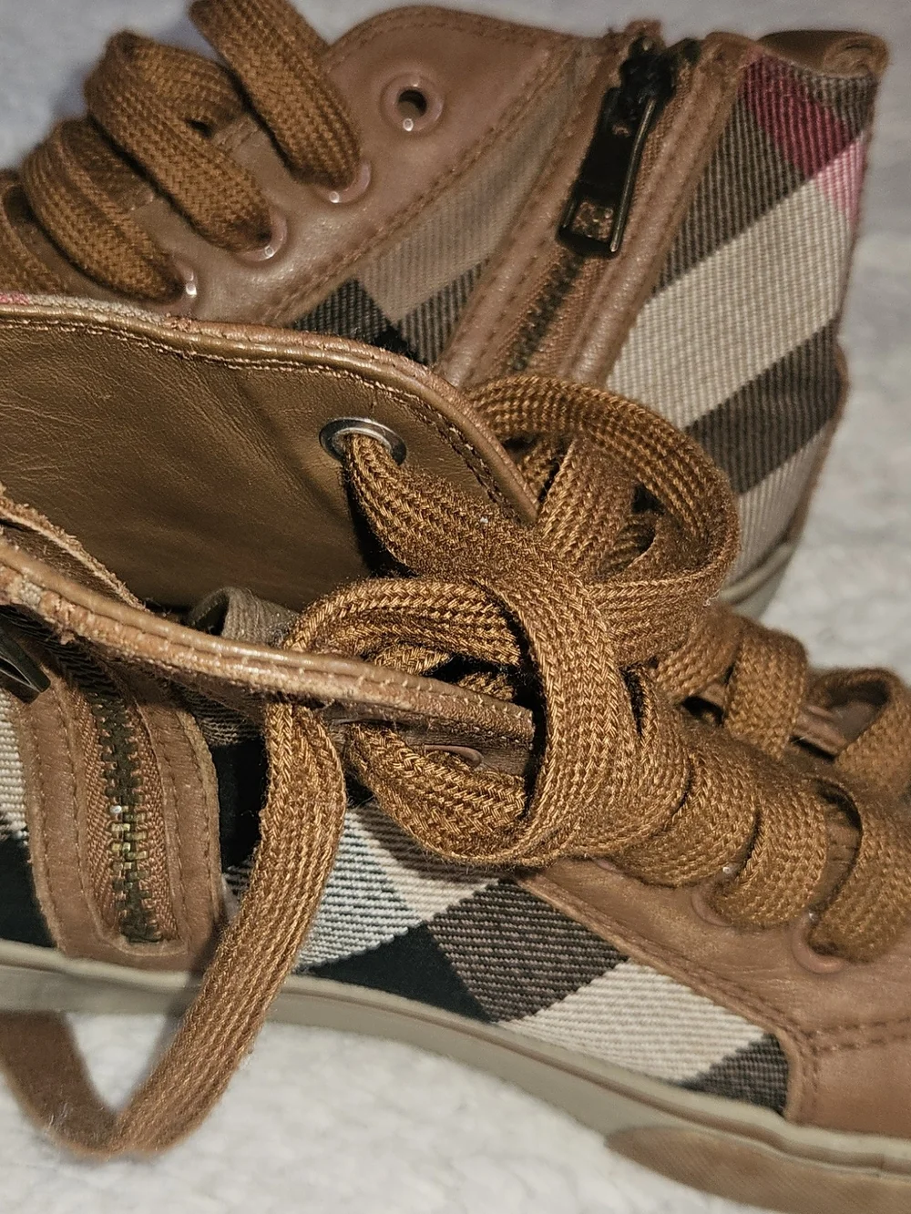 Burberry Brown Tan Check High-Top Sneakers for Kids